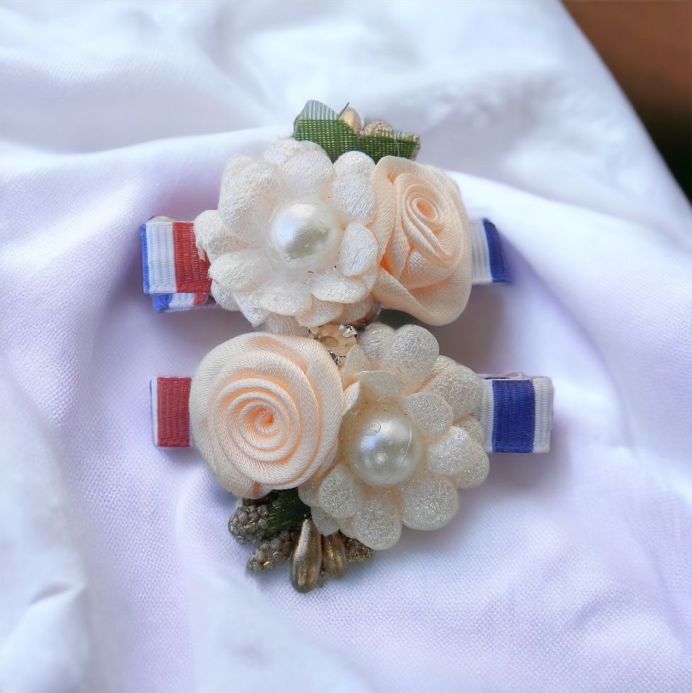 Double Flower Hair Clip with Faux Pearls for Girls