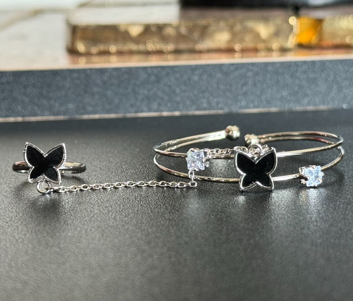 Flutter with Fun: Sterling Silver Butterfly Bracelet & Ring Set for Kids!