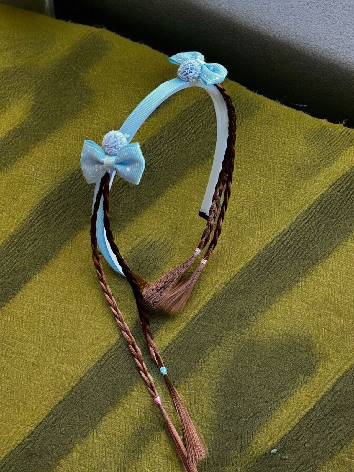 Adorable Kid's Hairband with Bows and Pom Poms with Attached Side Braids