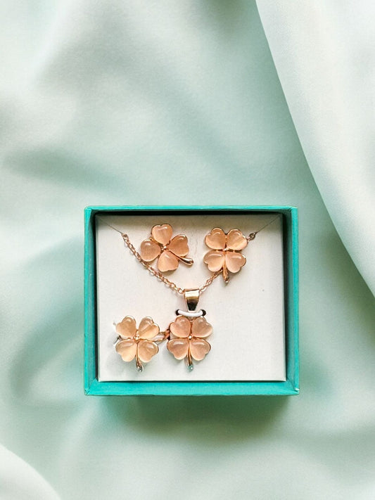 Lucky Four/two Leaf Clover Jewelry Set: Necklace, Earrings & a Ring