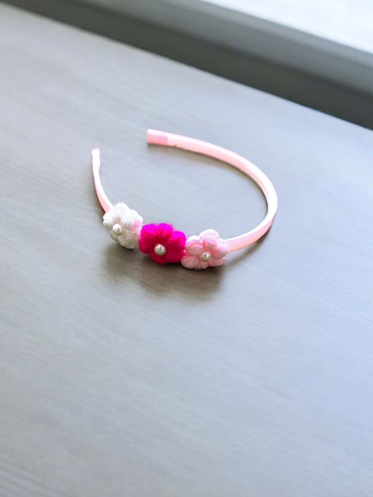 Adorable Pink Headband with Crocheted Flowers and Pearls for Playtime!