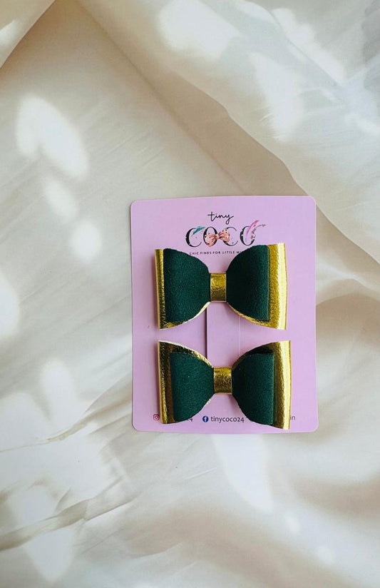 Golden Glamour and Emerald Elegance: Double Bow Hair Bows