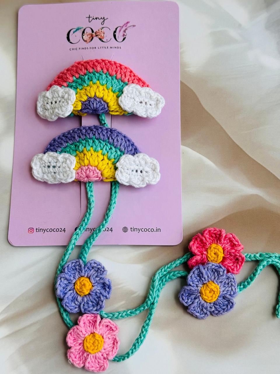 Rainbow Flair with Braided Blooms: Handmade Crochet Pin pair