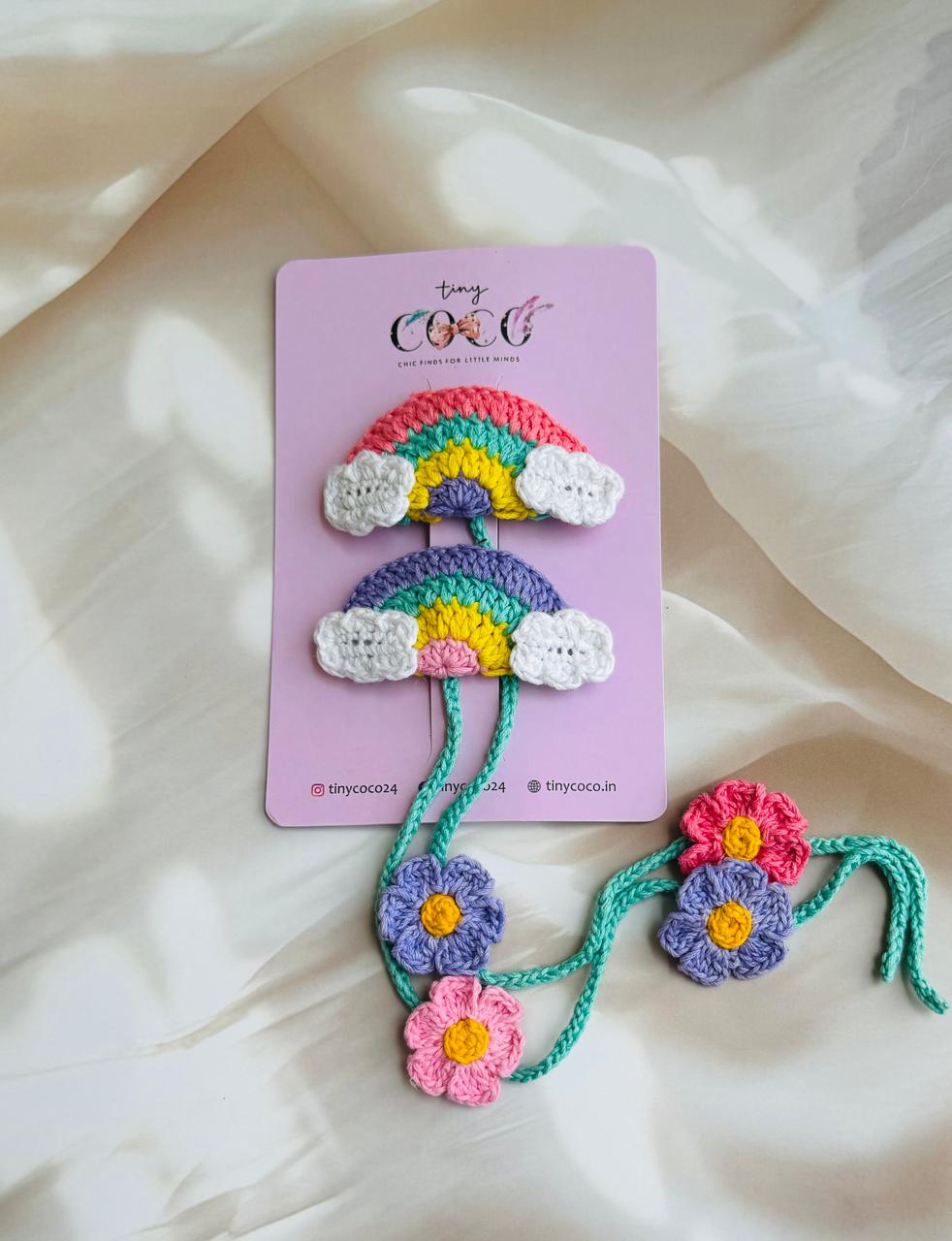 Rainbow Flair with Braided Blooms: Handmade Crochet Pin pair