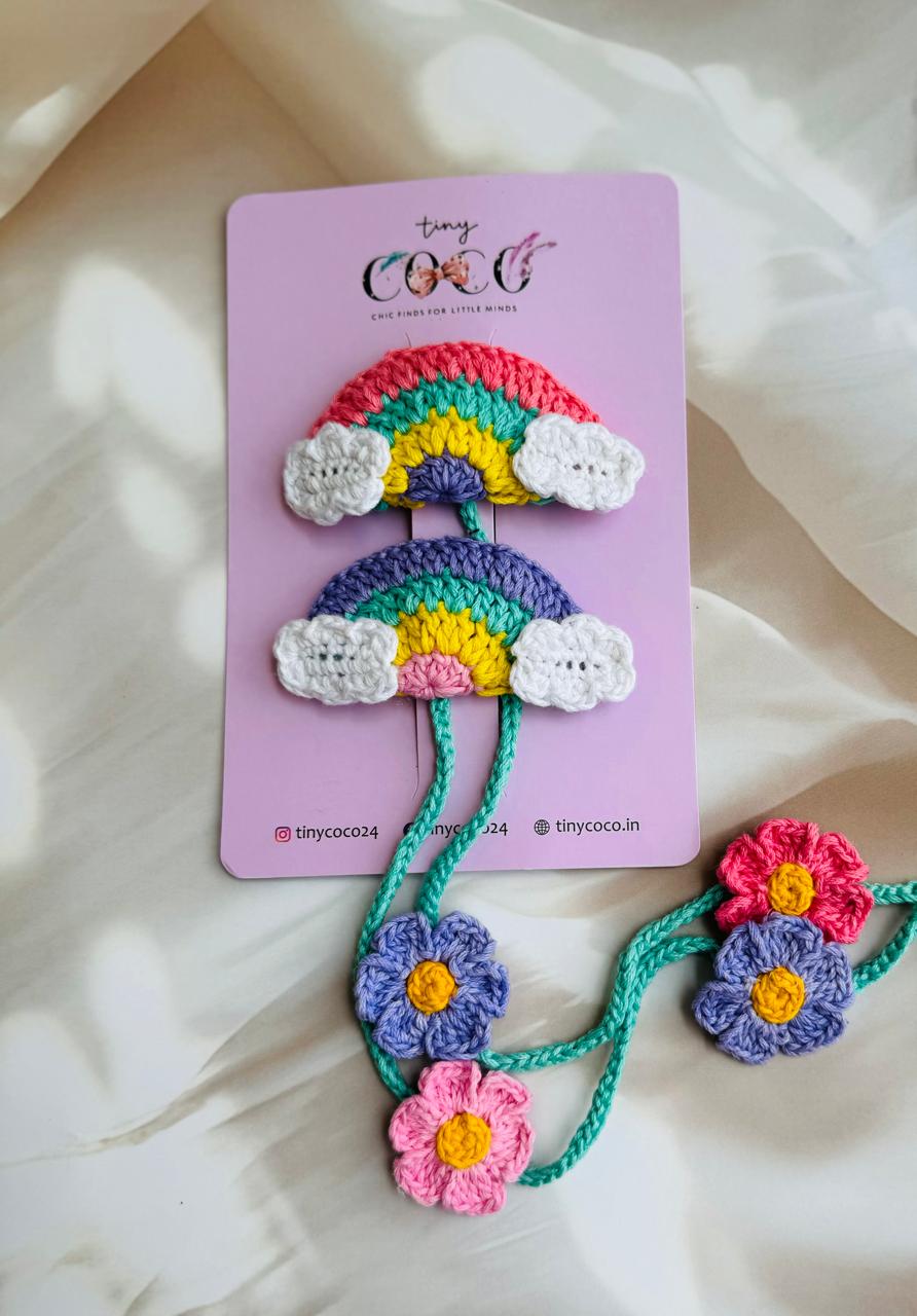 Rainbow Flair with Braided Blooms: Handmade Crochet Pin pair