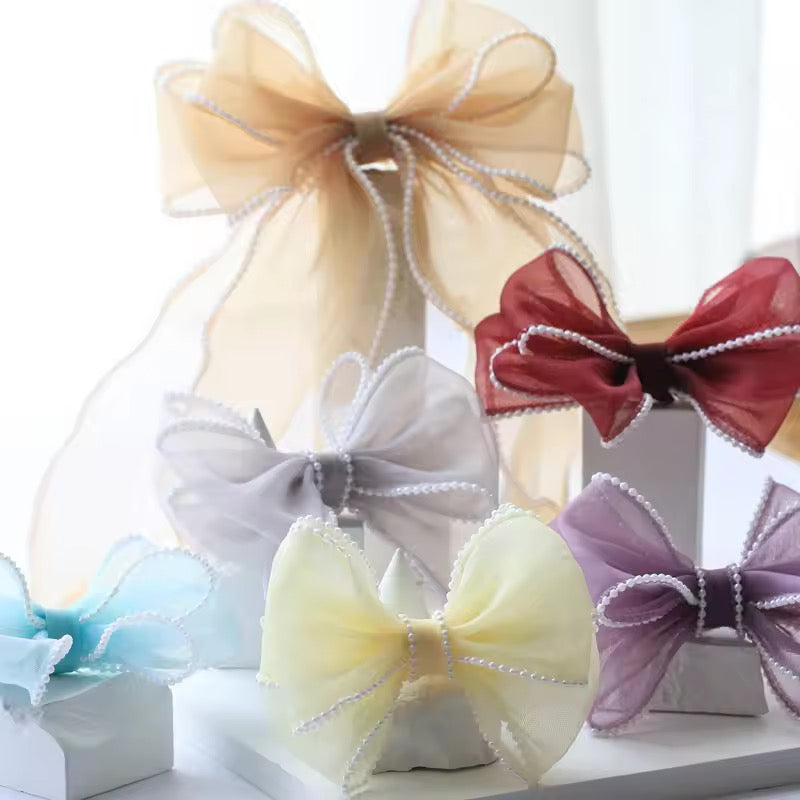 Beaded Ribbon Bow Hair Clip (Available in various colors)