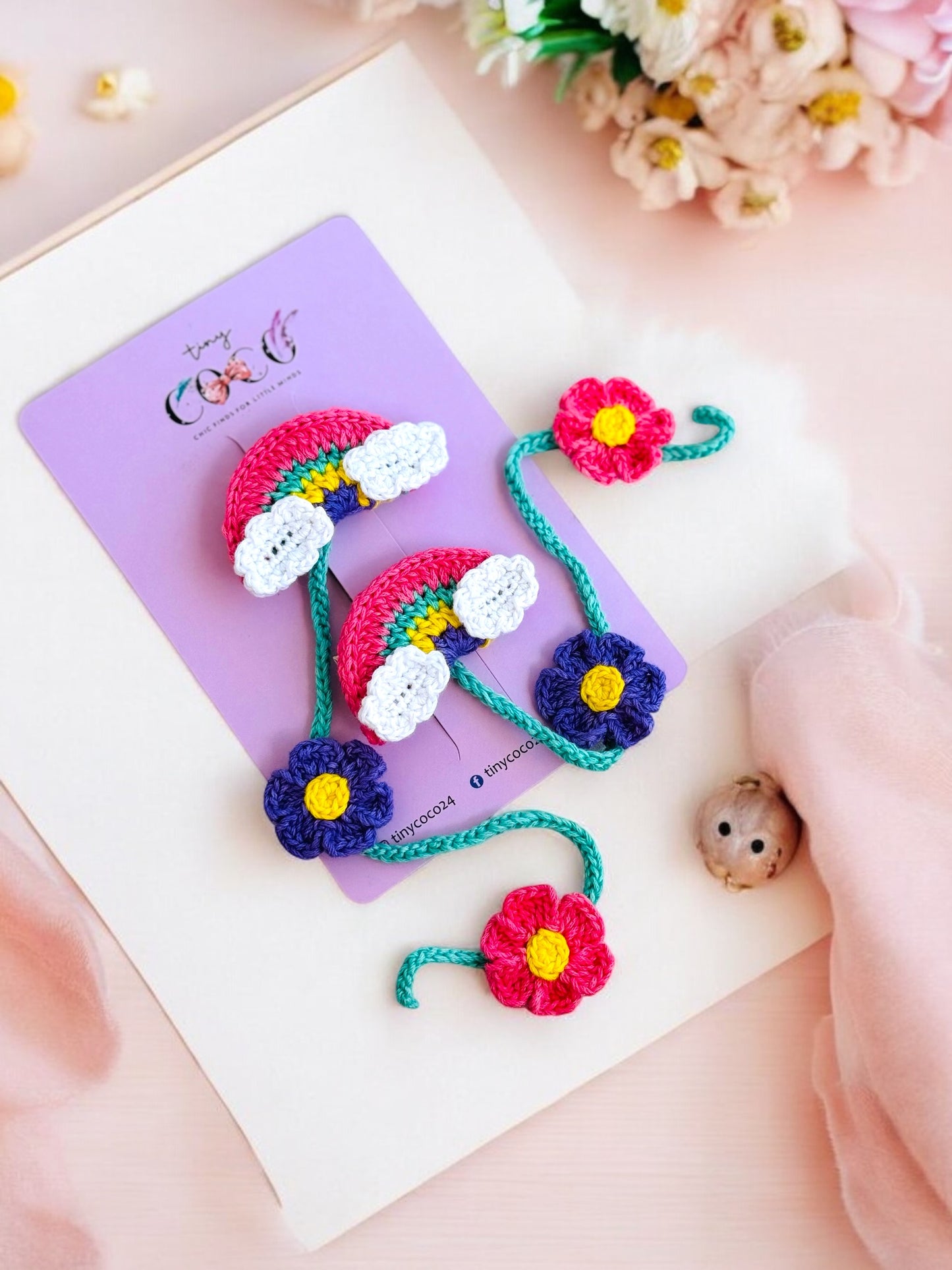 Rainbow Flair with Braided Blooms: Handmade Crochet Pin pair