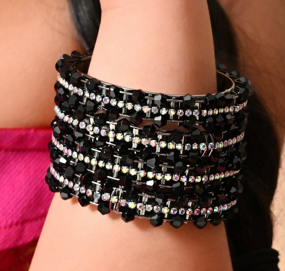 Black Beads and Silver Rhinestones Bangles