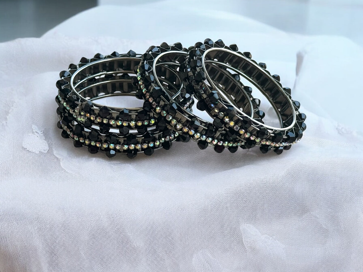 Black Beads and Silver Rhinestones Bangles