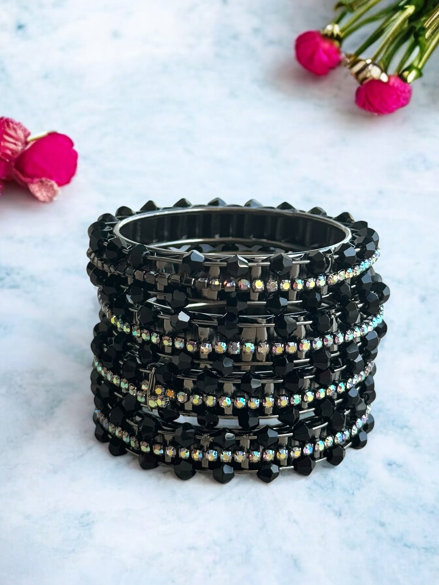 Black Beads and Silver Rhinestones Bangles