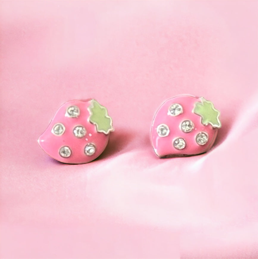 Silver Pink Strawberry Earrings