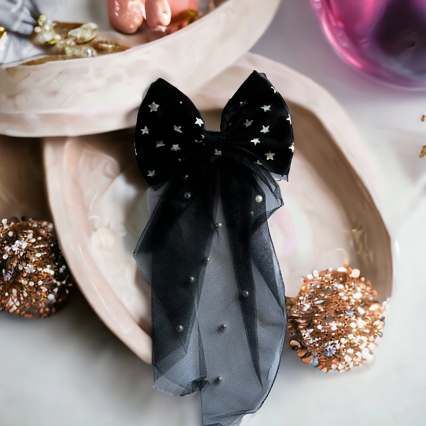 Dreamy Delights: Net, Chiffon, and Pearl Hair Bows