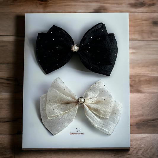 Classic with a Twist: Black and White Sequin Hair Bows with Pearl Accents