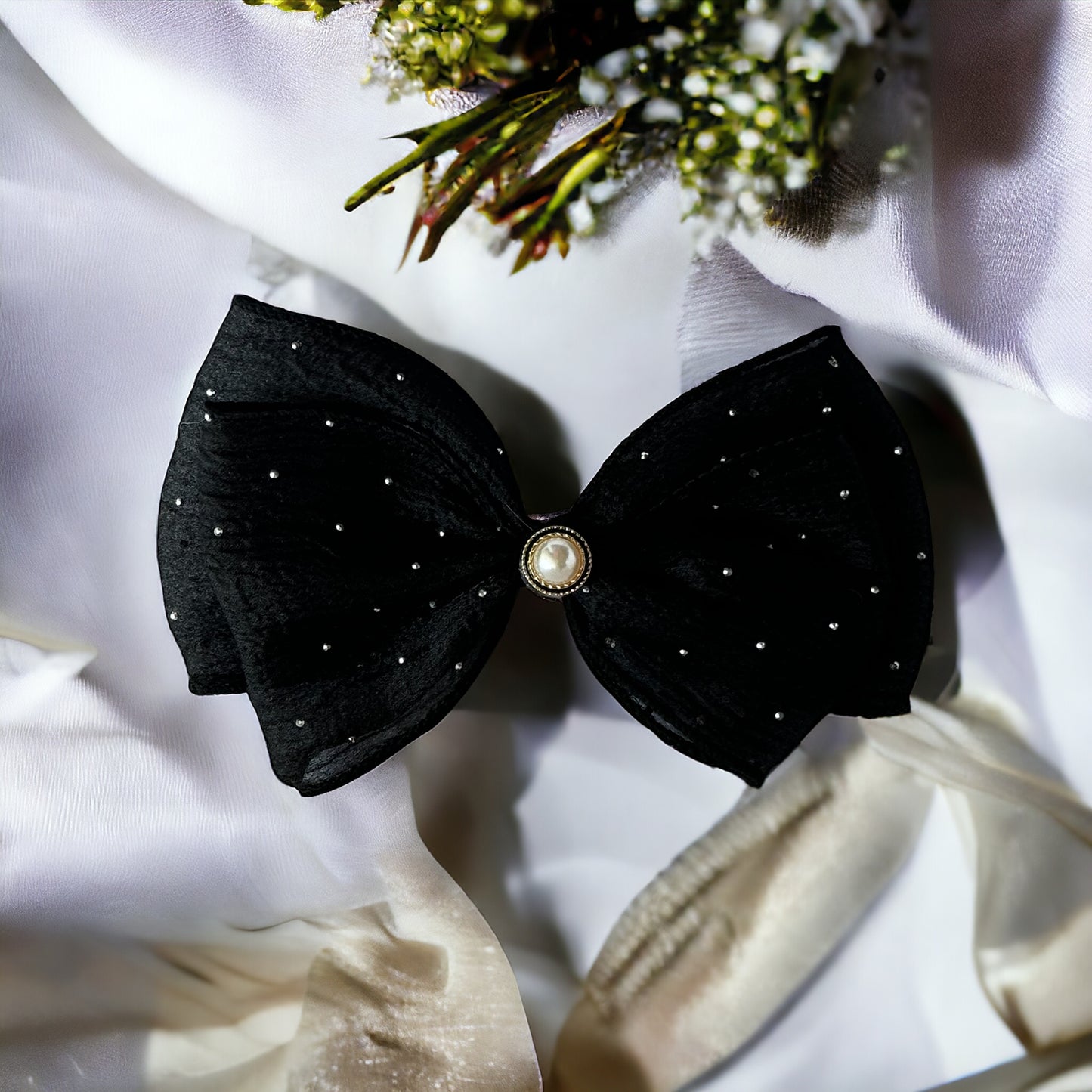 Classic with a Twist: Black and White Sequin Hair Bows with Pearl Accents