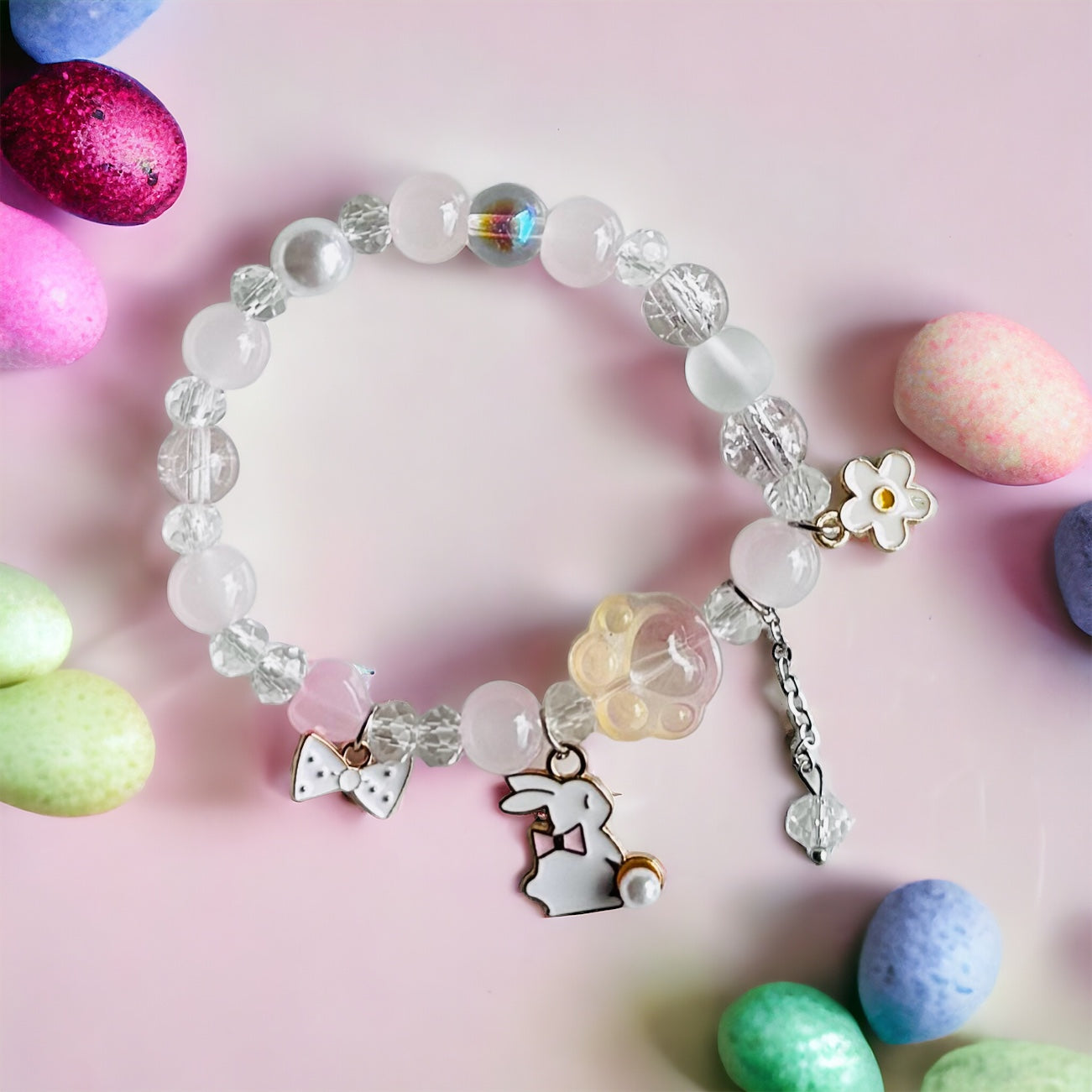 Bunny Magic: Pink and White Beaded Bracelet with Bunny Charm