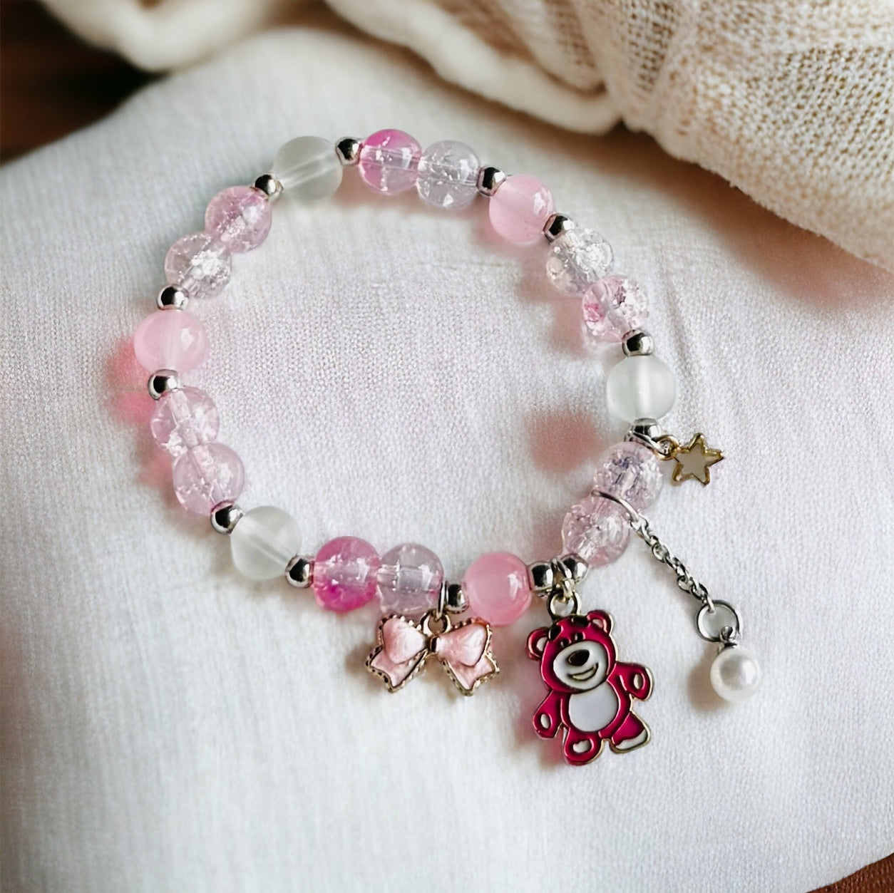 Sweet Dreams: Pink and White Beaded Bracelet with Teddy Bear Charm