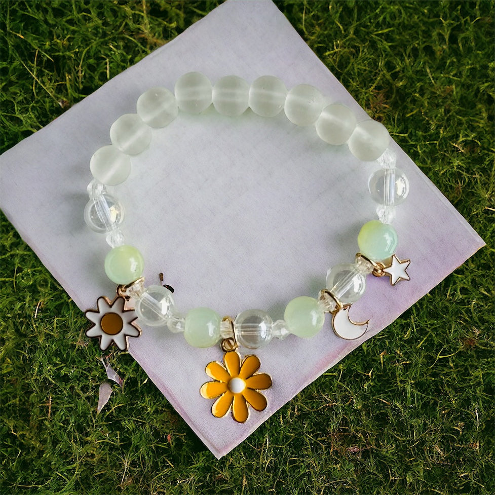 Sunshine & Smiles: Clear Beaded Bracelet with Yellow Flower Charm