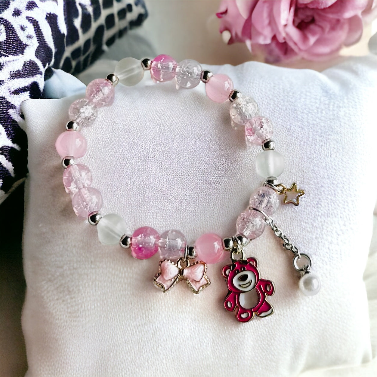 Sweet Dreams: Pink and White Beaded Bracelet with Teddy Bear Charm