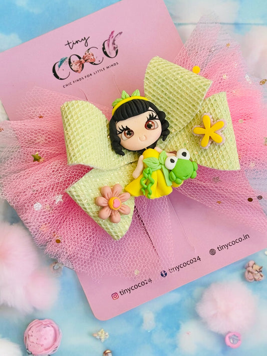 Tiana-Inspired Green Glitter and Pink Tulle Hair Bow Pin