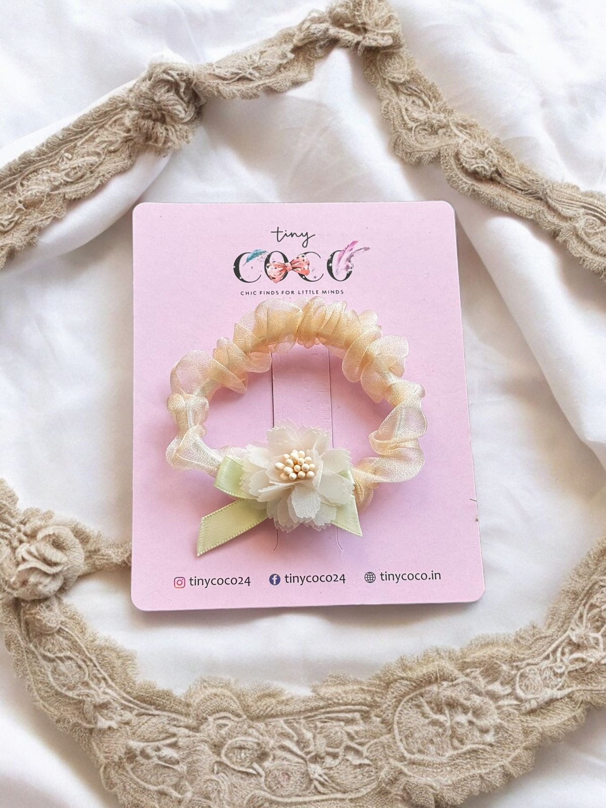 Tiny Coco Organza Scrunchie with Blooming Flower